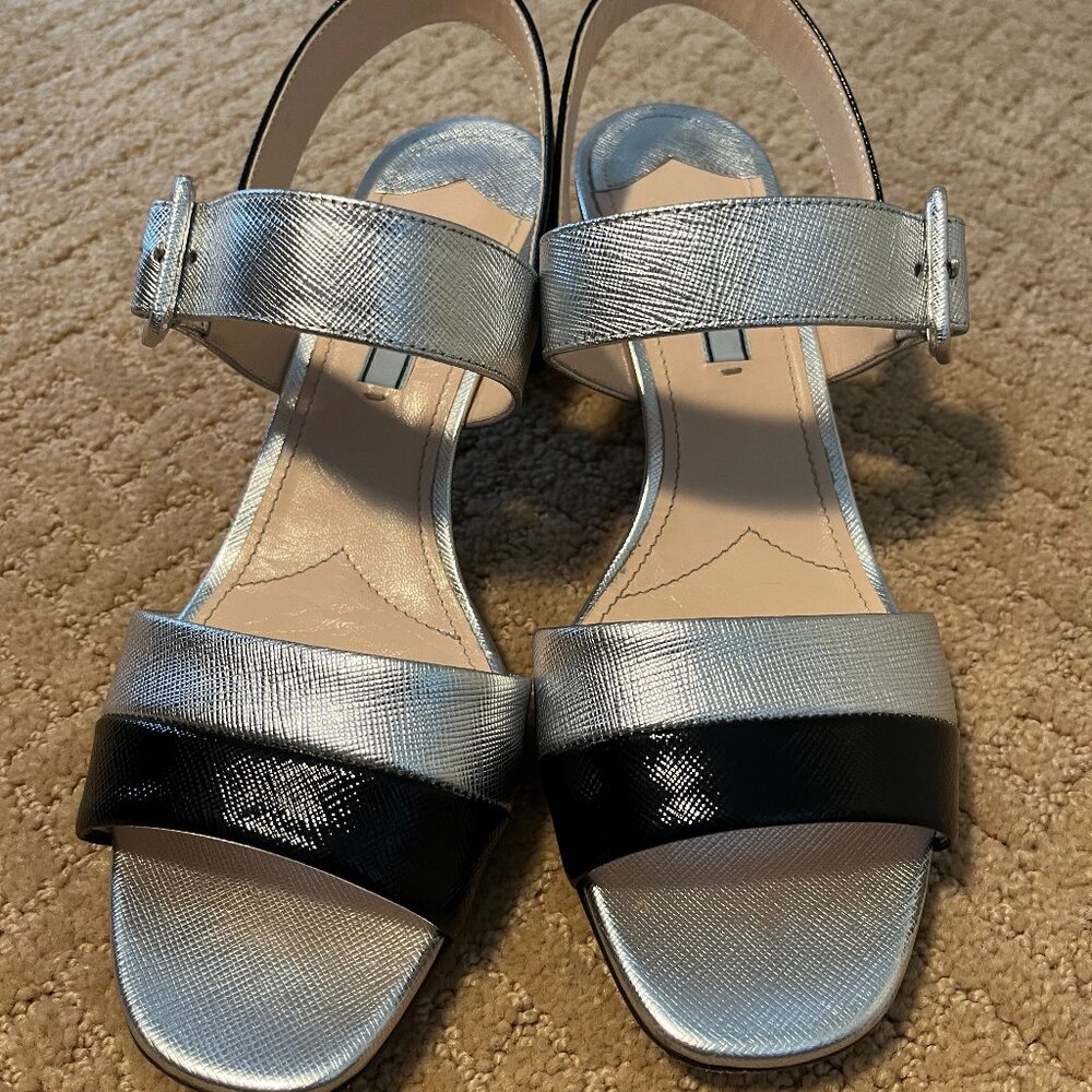Prada Patent Leather Black and Silver Sandals (8.5)